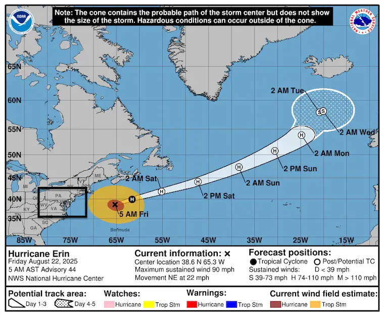 August 22 weather Hurricane Erin forecast track National Hurricane Center