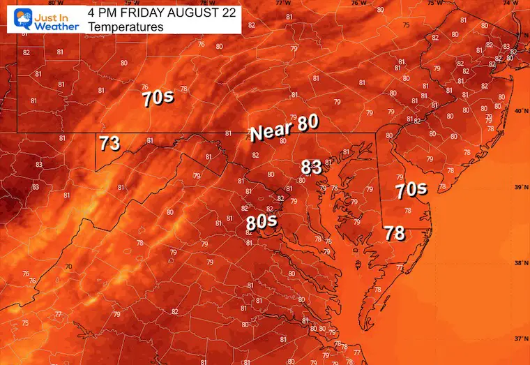 August 22 weather forecast temperatures Friday afternoon
