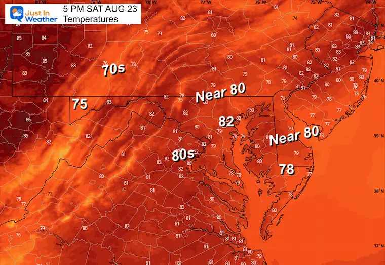 August 22 weather forecast temperatures Saturday afternoon