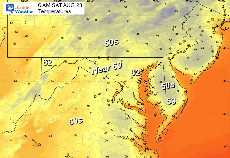 August 22 weather forecast temperatures Saturday morning