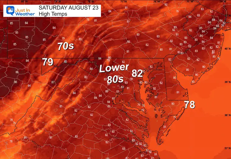 August 23 weather forecast temperatures Saturday afternoon