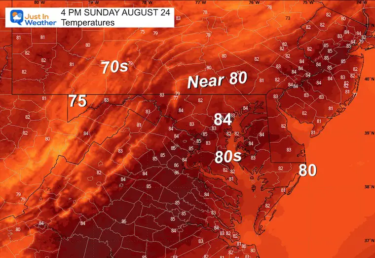August 23 weather forecast temperatures Sunday afternoon