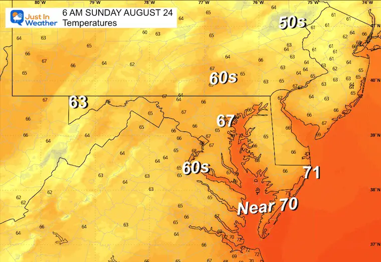 August 23 weather forecast temperatures Sunday morning