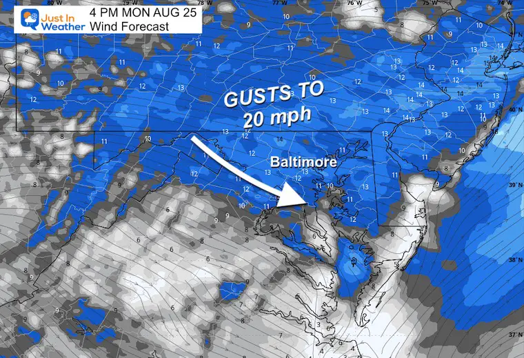 August 25 weather wind forecast Monday afternoon