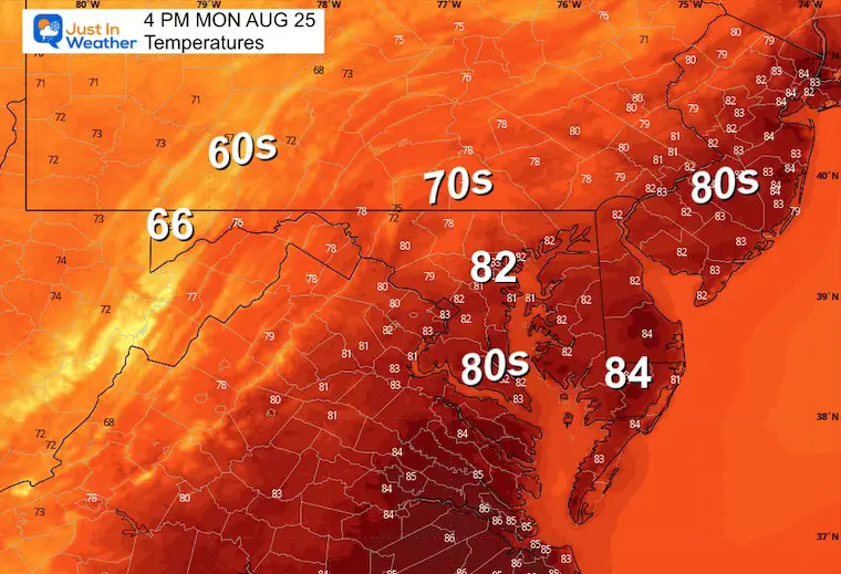 August 25 weather temperatures Monday afternoon