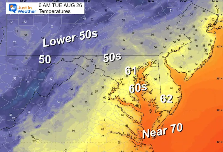 August 25 weather temperatures Tuesday morning