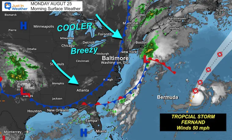 August 25 weather and tropical storm Fernand Monday morning