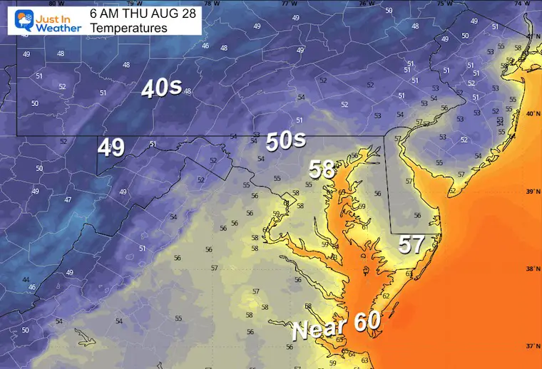 August 27 weather temperatures Thursday morning