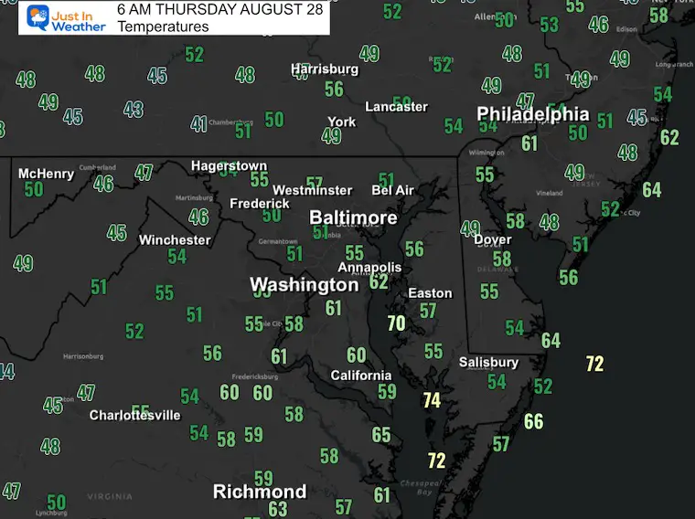 August 28 weather temperatures Thursday morning
