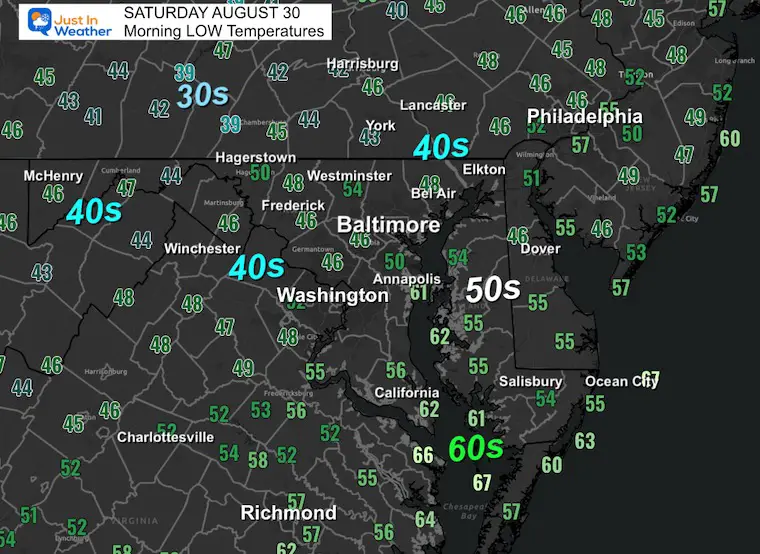 August 30 weather temperatures Saturday morning