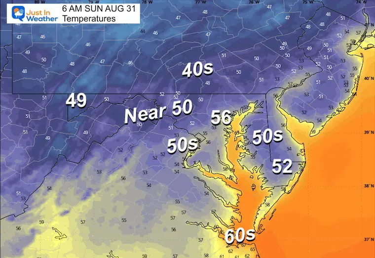 August 30 weather temperatures Sunday morning