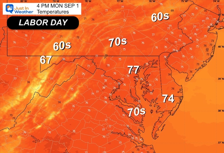 August 31 weather temperatures Monday afternoon Labor Day