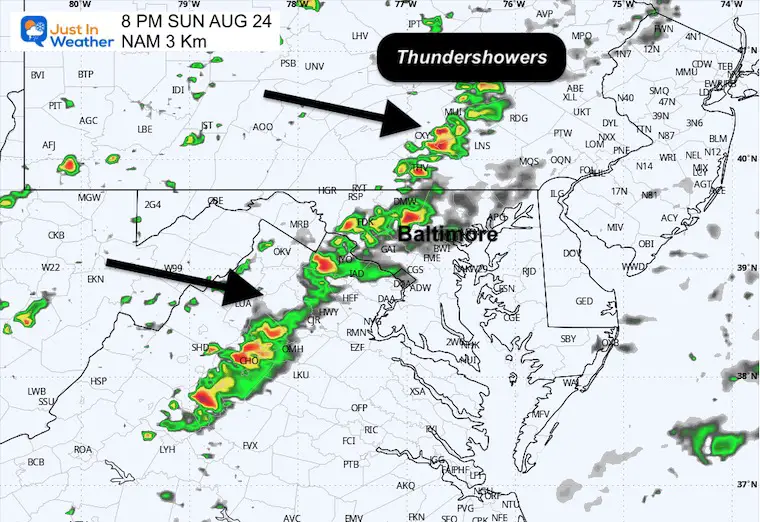 August 24 weather storm radar Sunday evening