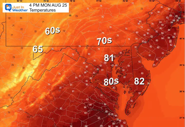 August 24 weather temperatures Monday afternoon