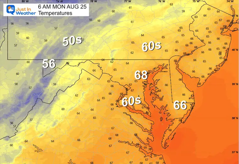 August 24 weather temperatures Monday morning