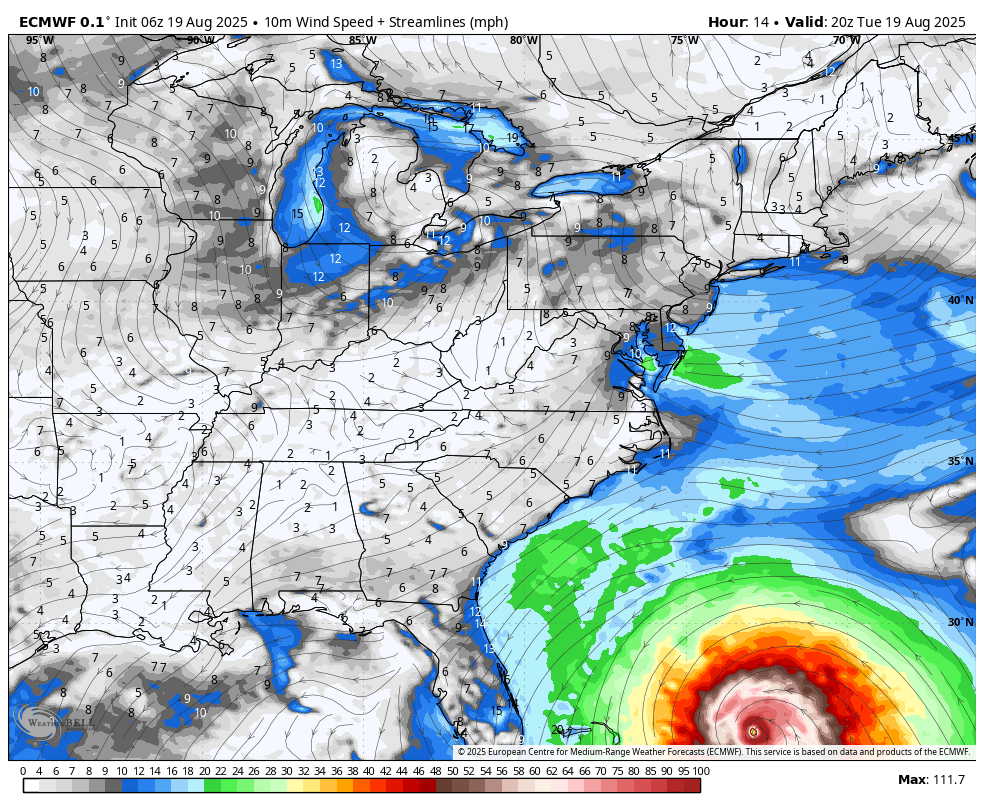 August 19 Hurricane Erin Wind Forecast ECMWF
