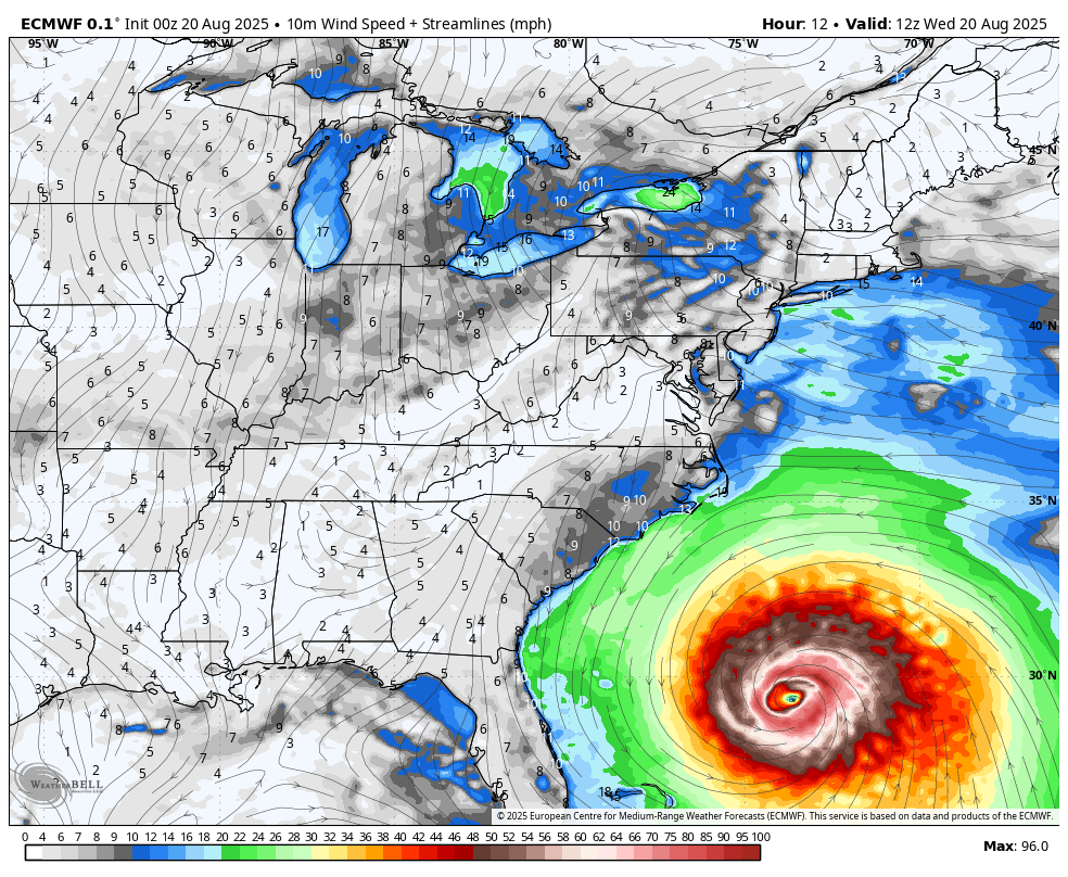 August 20 Hurricane Erin Wind Forecast ECMWF
