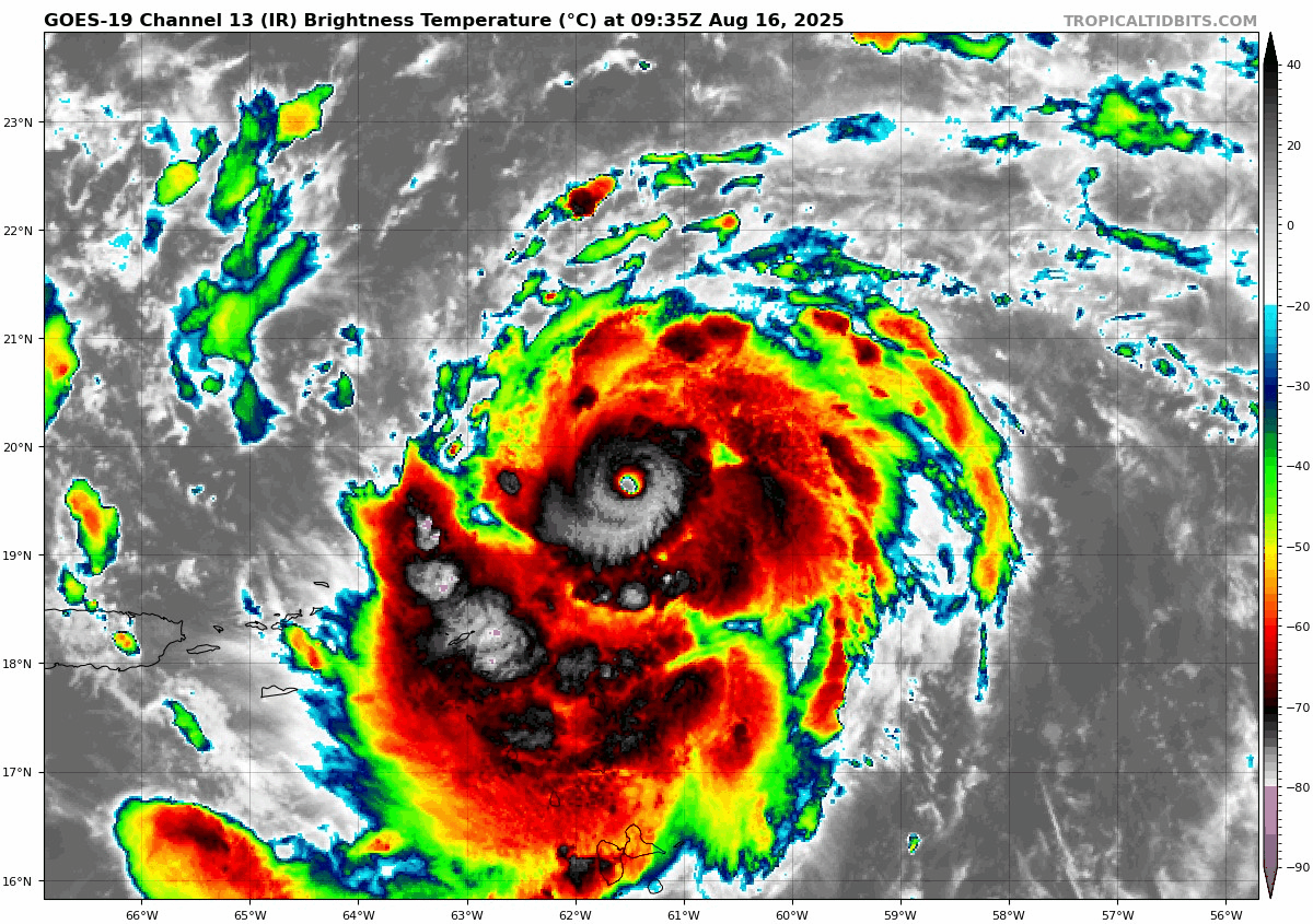 August 16 Hurricane Erin satellite Saturday morning winds 145 mph