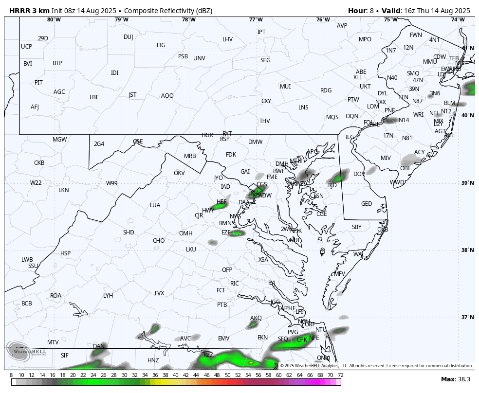 August 14 weather forecast storm radar Thursday afternoon