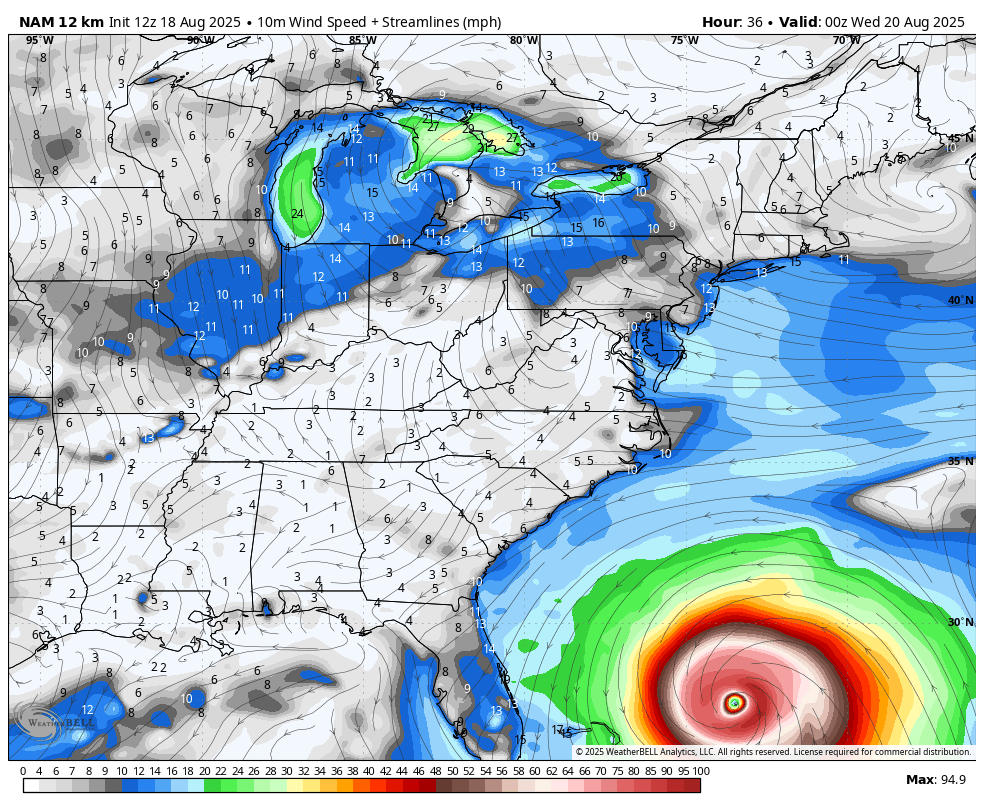 August 18 Hurricane Erin wind forecast