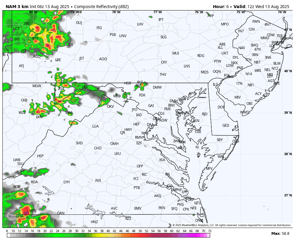 August 13 weather storm radar forecast Wednesday