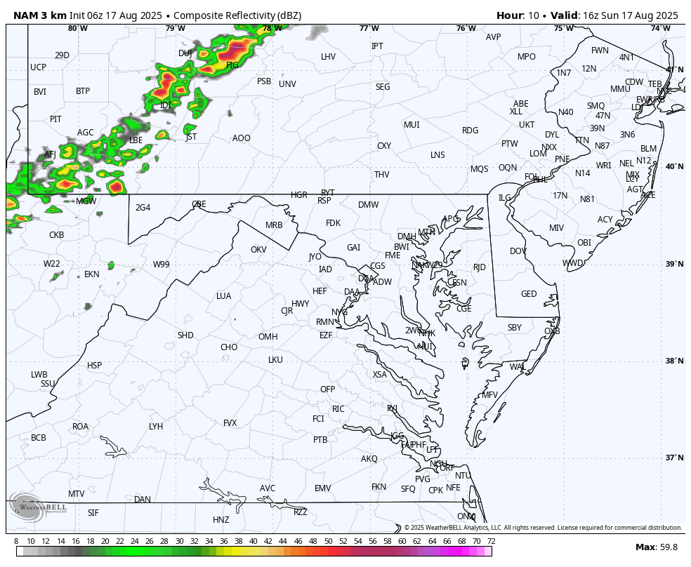 August 17 weather storm radar Sunday afternoon evening