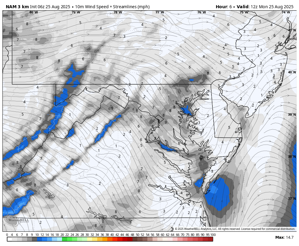 August 25 weather wind forecast Monday