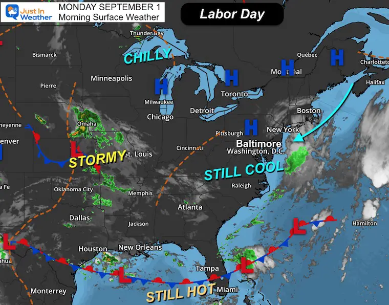 September 1 weather Monday morning Labor Day