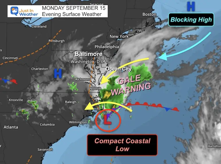 September 15 weather coastal storm Monday night