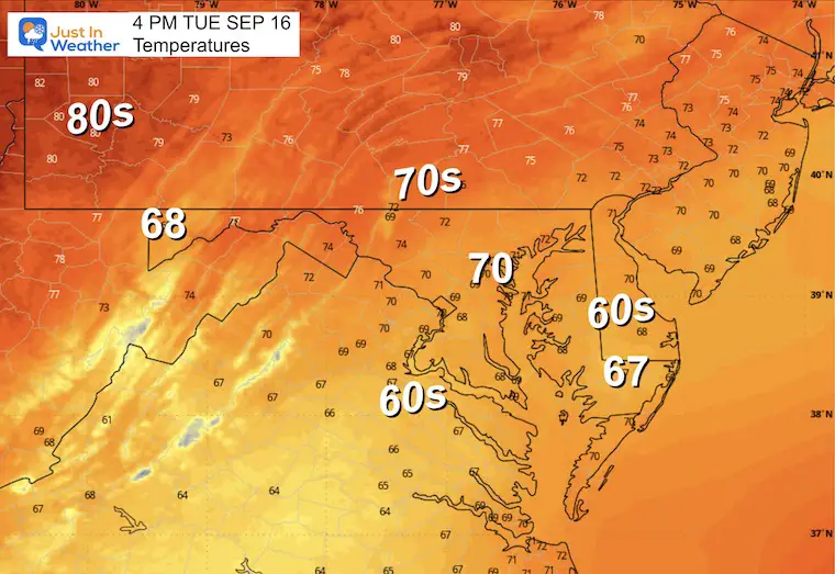 September 15 weather forecast temperatures Tuesday afternoon