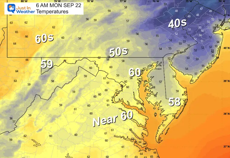 September 21 weather forecast temperatures Monday morning