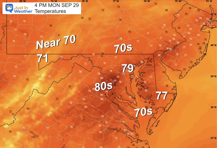 September 28 weather forecast temperatures Monday afternoon