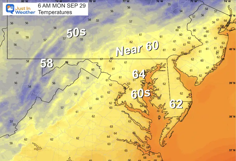 September 28 weather forecast temperatures Monday morning