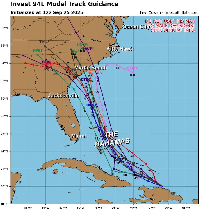 Separate 25 tropical invest 94L forecast models