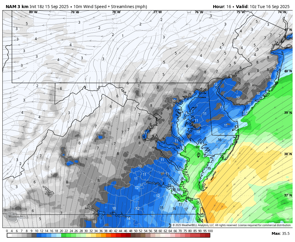 September 15 weather wind forecast storm Tuesday Maryland