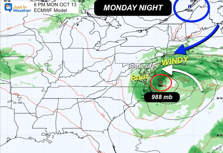 October 8 weather coastal storm Monday night
