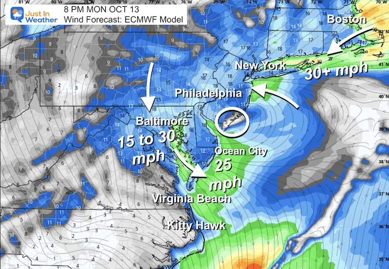 October 11 weather coastal storm wind forecast Monday night