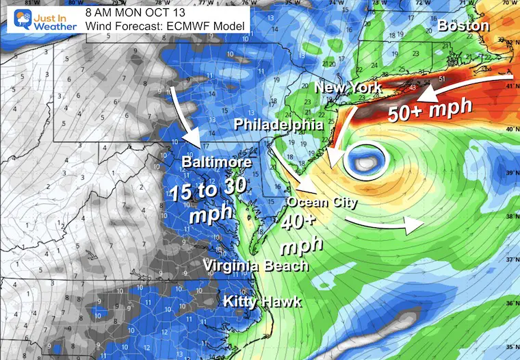 October 11 weather coastal storm wind forecast Monday