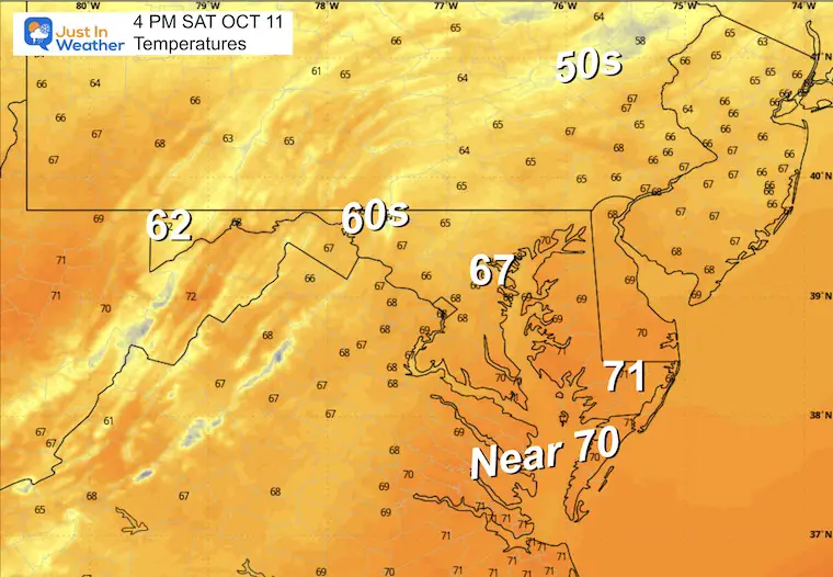 October 11 weather forecast temperatures Saturday afternoon