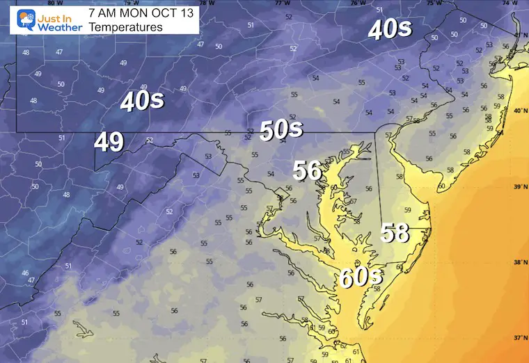 October 12 weather temperature forecast Monday morning