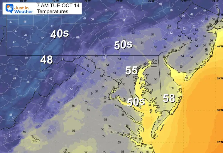 October 13 weather forecast temperatures Tuesday morning 