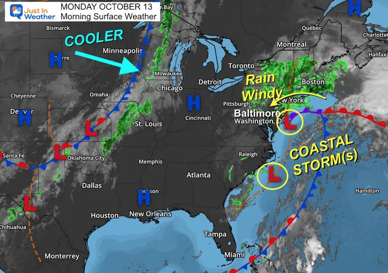 October 13 weather storm map Monday morning