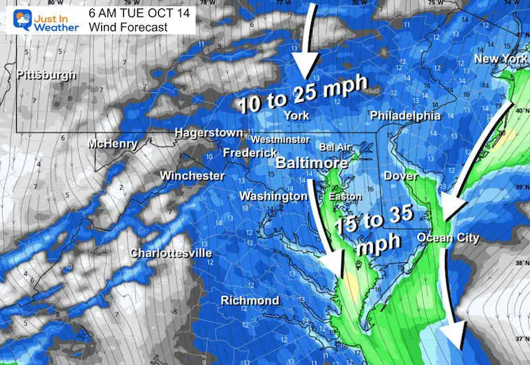 October 13 weather forecast wind Tuesday morning