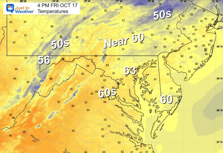 October 16 weather temperatures Friday afternoon