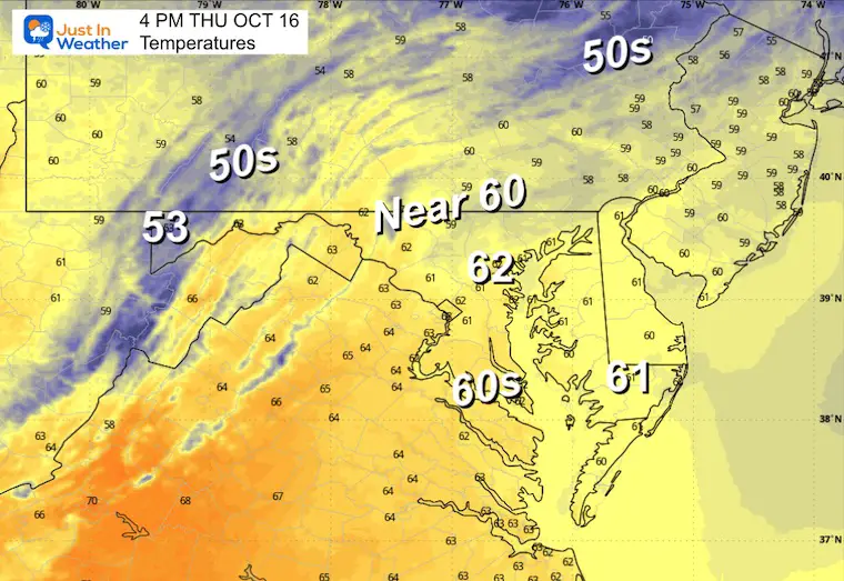 October 16 weather temperatures Thursday afternoon