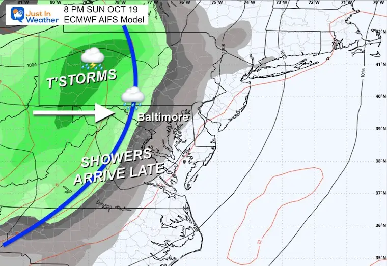 October 16 weather forecast weekend ECMWF AI Sunday evening