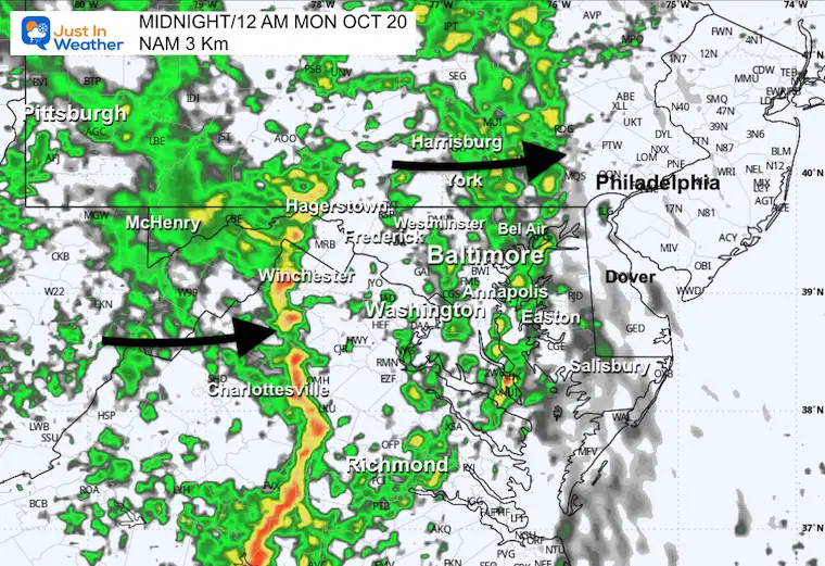 October 18 weather forecast rain radar Monday midnight
