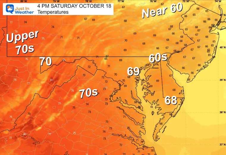 October 18 weather forecast temperatures Saturday afternoon