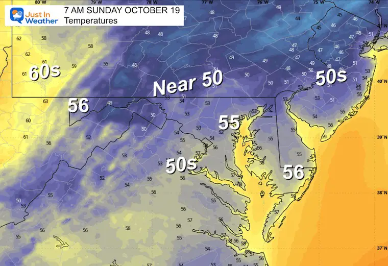 October 18 weather forecast temperatures Sunday morning