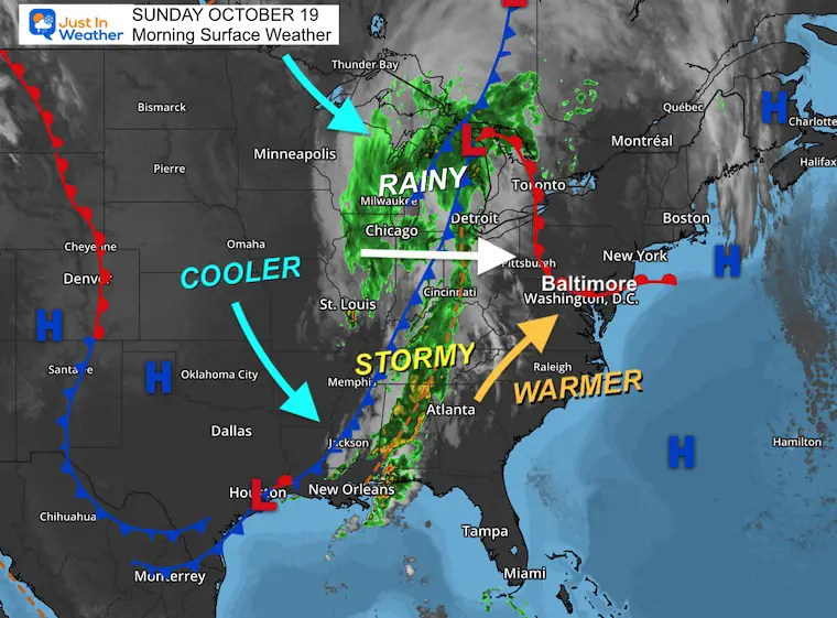 October 19 weather storm map Sunday morning